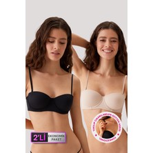 Pierre Cardin 6803 Verona Soft Push Up Straplez Sütyen Set 2'li Paket Siyah-Ten Balenli Micro Kumaş