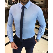 Terzi Adem İtalyan stil slim fit saten pamuk erkek kravat yaka gömlek mavi T9421