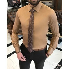 Terzi Adem İtalyan stil slim fit saten pamuk erkek kravat yaka gömlek hardal T9429