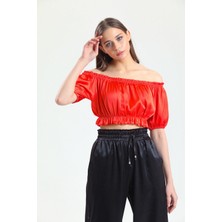 Sense Yaka ve Etek Lastik Büzgülü Kolağzı Lastikli Saten Bluz | BLZ34216 Oranj