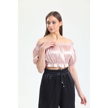 Sense Yaka ve Etek Lastik Büzgülü Kolağzı Lastikli Saten Bluz | BLZ34216 Pudra