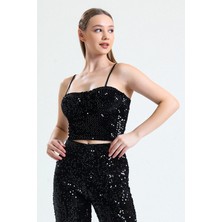 Sense Fermuarlı Kadın Abiye Bustiyer Kadife Kumaş Askılı Slim Fit 42 Beden Payetli Siyah BUS34034