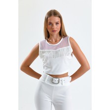 Sense Taş Detaylı Abiye  Bluz | BLZ34565 Beyaz