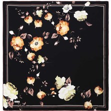 Bursa İpek Siyah Floral Twill Ipek Eşarp