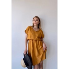 New Laviva Kadın Hardal Kısa Kol, Kalp Yaka, Dokulu Desen, Bele Oturan, Aerobin Lastikli Bel Midi Elbise