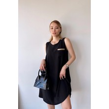 New Laviva Kadın Siyah Kolsuz, Yuvarlak Yaka, Düz Desen, Tek Cep, A-Line Kesim, Aerobin Hasır Cep Midi Elbise