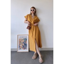 New Laviva Kadın Hardal Kısa Kol, V Yaka, Düz Renk Desen, Basic Kalıp/kesim, Aerobin , Kuşaklı Maxi Elbise