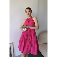 New Laviva Kadın Fuşya Kolsuz, Halter Yaka, Düz Renk Desen, A-Line Kalıp/kesim, Fırfırlı Midi Elbise