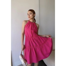New Laviva Kadın Fuşya Kolsuz, Halter Yaka, Düz Renk Desen, A-Line Kalıp/kesim, Fırfırlı Midi Elbise