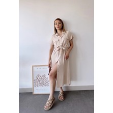 New Laviva Kadın Bej Kısa Kol, Gömlek Yaka, Düz Desen, Çift Cepli, Aerobin Kumaş, Kuşaklı Maxi Elbise