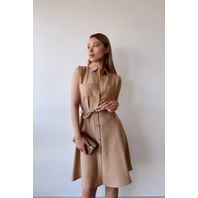 New Laviva Kadın Bej Kolsuz, Gömlek Yaka, Düz Renk Desen, Çift Cep, A-Line Kesim, Aerobin, Kuşaklı Midi Elbise