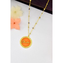 Papatya Silver 925 Ayar Gümüş Rüya Serisi Turuncu Cam Boyalı Yıldız Desenli Isimli Nazar Mineli Zincirli Kolye