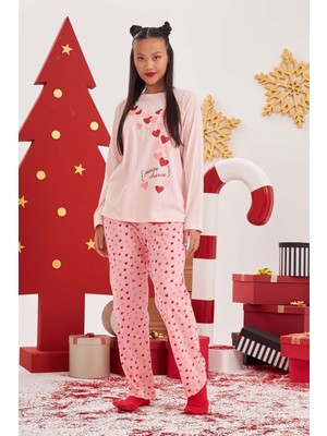 Nbb Pembe Double Heart Pattern Pijama Takımı