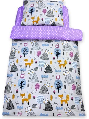 Bebek Özel Pamuklu Bebek/Çocuk Yastık Çarşaf Yorgan Seti Şirin Ayıcıklar Lila Puanlı 70 x 110 cm