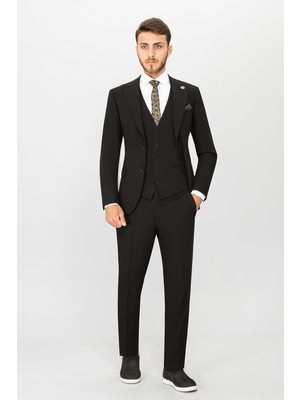 Belfor Slim Fit Bırdeye Yeleklı Takım Elbıse Siyah
