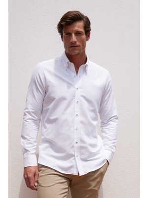 AC&Co / Altınyıldız Classics Erkek Beyaz Slim Fit Dar Kesim Düğmeli Yaka Pamuklu Oxford Gömlek