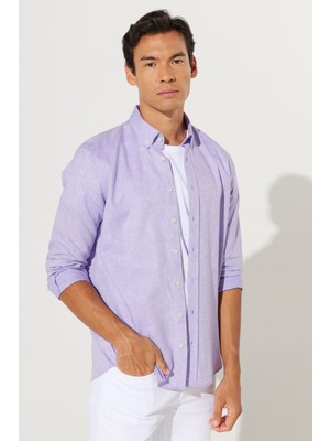 Altınyıldız Classics Erkek Lila Slim Fit Dar Kesim Düğmeli Yaka Pamuklu Armürlü Keten Gömlek