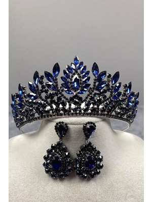 Hayalperest Boncuk Lacivert Danver Taşlı Gelin Kına Tacı ve Mekik Küpe Seti
