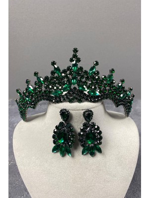 Hayalperest Boncuk Yeşil Tokyo Taşlı Gelin Kına Tacı ve Mekikli Küpe