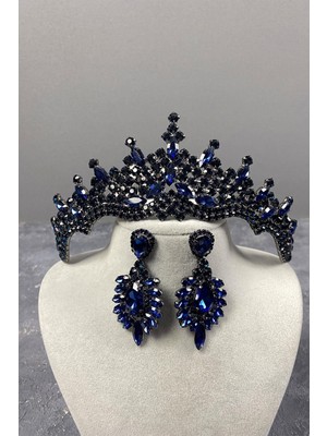 Hayalperest Boncuk Lacivert Tokyo Taşlı Gelin Kına Tacı ve Mekik Taşlı Küpe Seti