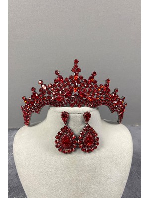 Hayalperest Boncuk Kırmızı Tokyo Taşlı Gelin Kına Tacı ve Damla Küpe Seti