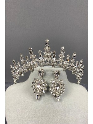 Hayalperest Boncuk Cooker Gelin Tacı ve Mekik Küpe Seti Gümüş Renkli Zarif Tasarım Kadın Aksesuarı