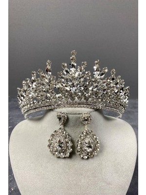 Hayalperest Boncuk Gümüş Rio Taşlı Gelin Tacı ve Abiye Küpe Set
