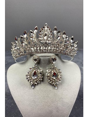 Hayalperest Boncuk Gümüş Danver Taşlı Gelin Tacı ve Küpe Seti