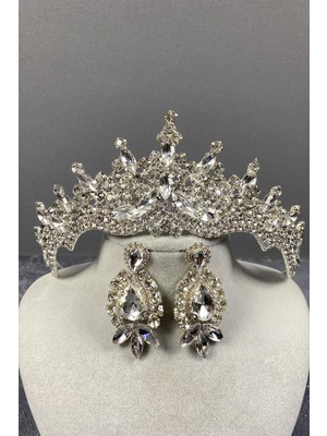 Hayalperest Boncuk Gümüş Tokyo Taşlı Gelin Tacı ve Mekikli Küpe