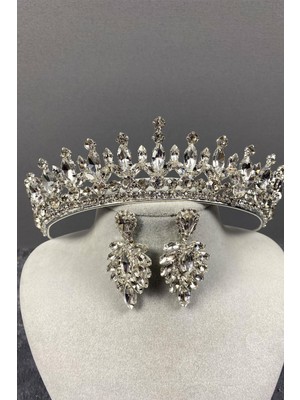 Hayalperest Boncuk Gümüş Pedro Taşlı Gelin Kına Tacı ve Mekik Küpe Seti