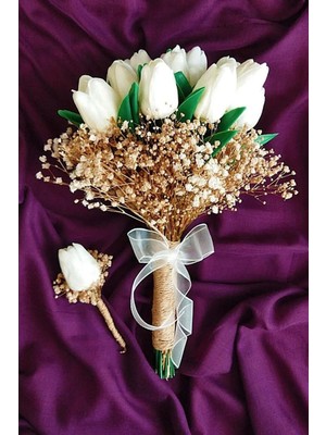 Hayalperest Boncuk Beyaz Islak Lale Özel Tasarım Aranjman Gelin Nişan Buketi ve Damat Yaka Çiçeği