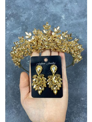 Hayalperest Boncuk Bal Rengi Asleny Boncuklu Gelin Kına Tacı ve Mekik Küpe Seti