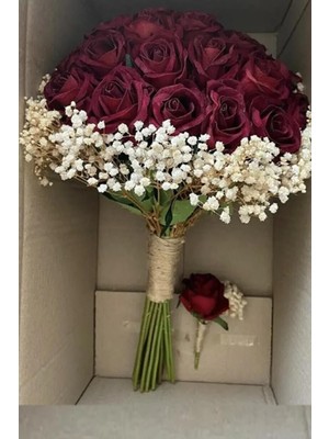 Hayalperest Boncuk Bordo Gelin Buketi El Çiçegi ve Damat Yaka Çiçegi Krem Cipsolu Çiçek