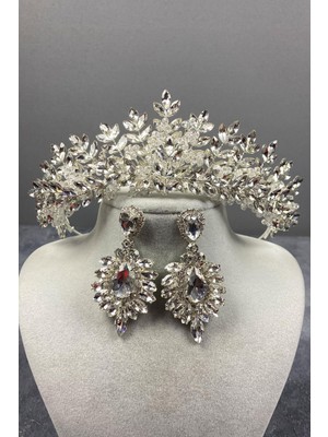 Hayalperest Boncuk Asleny Boncuk Işlemeli Gelin Tacı ve Mekik Küpe Seti