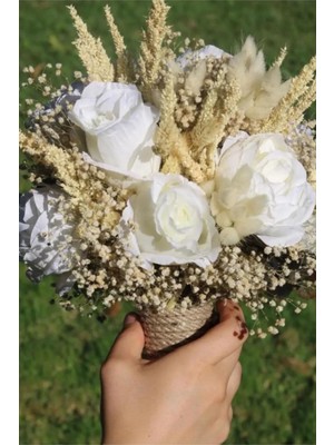 Hayalperest Boncuk Beyaz Gul Beyaz Pamuk Otlu Gelin Buketi Damat Yaka Çiçeği Seti