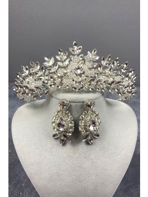 Hayalperest Boncuk Gümüş Asleny Boncuk Işlemeli Gelin Tacı ve Mekik Taşlı Küpe Seti