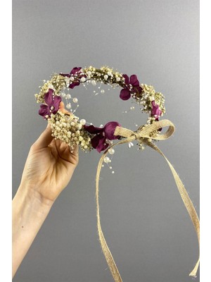 Bordo Ortanca ve Şoklanmış Cipso Kuru Çiçekli Incili Gelin Tacı