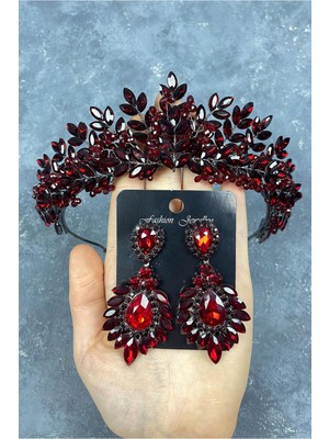 Hayalperest Boncuk Bordo Asleny Boncuk Işlemeli Gelin Kına Tacı ve Küpe Seti