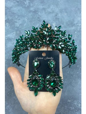 Hayalperest Boncuk Yeşil Asleny Boncuk Işlemeli Gelin Kına Tacı ve Küpe Seti