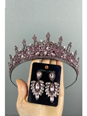 Hayalperest Boncuk Pembe Leonis Gelin Kına Tacı ve Mekik Küpe Seti