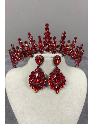 Hayalperest Boncuk Kırmızı Cooker Gelin Kına Tacı ve Mekik Taşlı Abiye Küpe