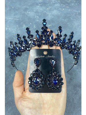 Hayalperest Boncuk Lacivert Cooker Gelin Kına Tacı ve Damla Taşlı Abiye Küpe