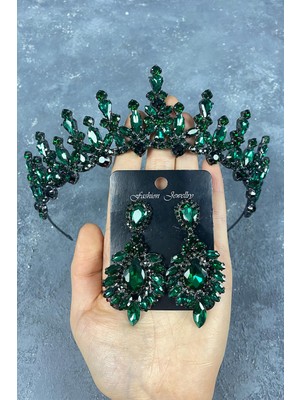 Hayalperest Boncuk Yeşil  Cooker Gelin Kına Tacı ve Mekik Taşlı Abiye Küpe