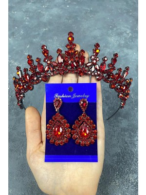 Hayalperest Boncuk Kırmızı Cooker Gelin Kına Tacı ve Damla Taşlı Abiye Küpe