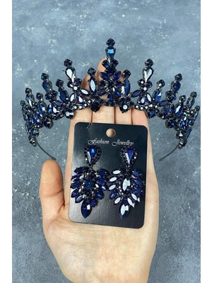 Hayalperest Boncuk Lacivert Cooker Gelin Kına Tacı ve Mekik Küpe Seti