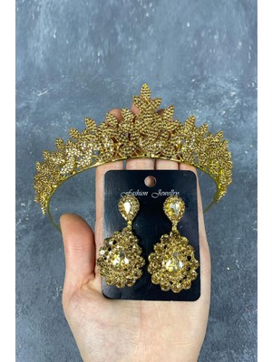 Hayalperest Boncuk Bal Rengi Sara Sık Taşlı Gelin Kına Tacı ve Damla Taşlı Küpesi