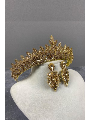 Hayalperest Boncuk Bal Rengi Sara Sık Taşlı Gelin Kına Tacı ve Mekik Küpe Seti