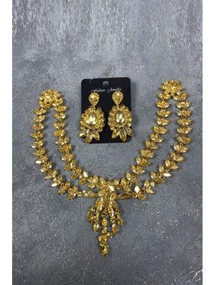 Hayalperest Boncuk Bal Rengi Sultan Model Alınlık Gelin Kına Saç Aksesuarı ve Küpe Seti