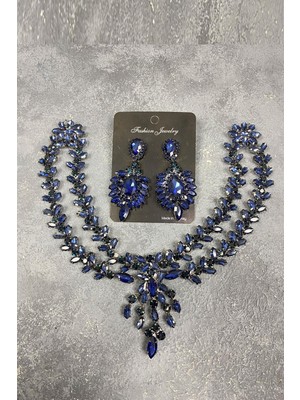 Hayalperest Boncuk Lacivert Sultan Alınlık Gelin Kına Saç Aksesuarı ve Abiye Taşlı Küpe Seti