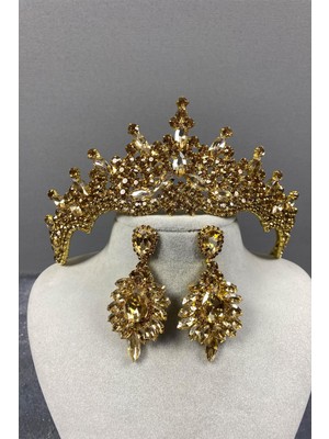 Hayalperest Boncuk Bal Rengi Tokyo Taşlı Gelin Kına Tacı ve Mekik Taşlı Küpe Seti